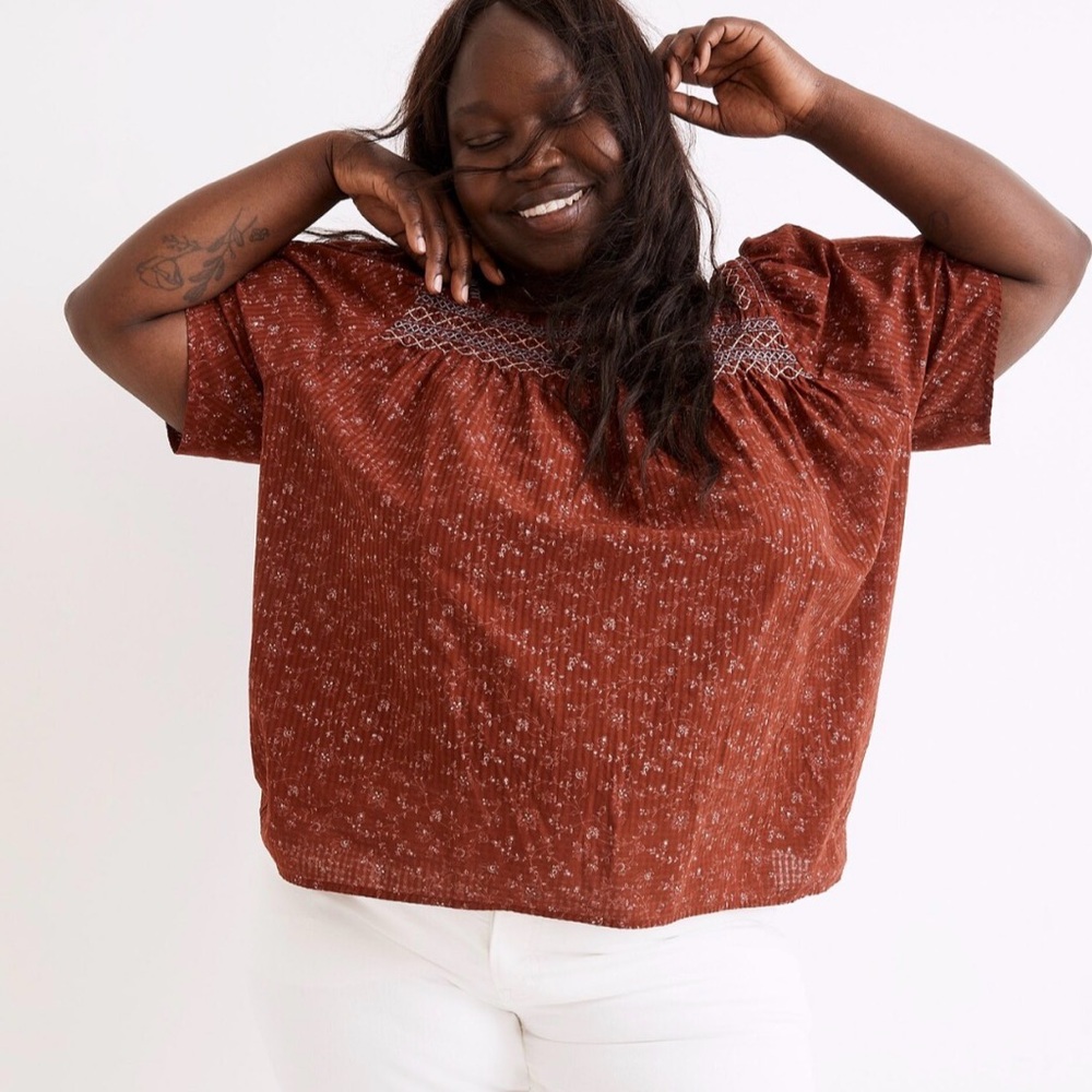 Madewell Square Neck Smocked Top Dotted Vines Rust 1X Plus Boho Flowy Hippie